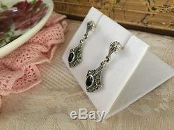 ANTIQUE VINTAGE ART DECO ONYX and MARCASITE STERLING SILVER EARRINGS EAR RINGS