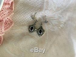 ANTIQUE VINTAGE ART DECO ONYX and MARCASITE STERLING SILVER EARRINGS EAR RINGS