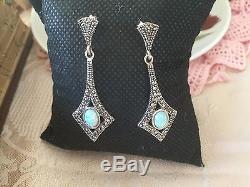 ANTIQUE VINTAGE ART DECO OPAL and MARCASITE STERLING SILVER EARRINGS EAR RINGS