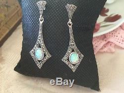 ANTIQUE VINTAGE ART DECO OPAL and MARCASITE STERLING SILVER EARRINGS EAR RINGS