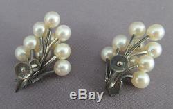 ANTIQUE VINTAGE STERLING CLUSTER MIKIMOTO AKOYA PEARL ETCHED LEAF EARRINGS 7.8g