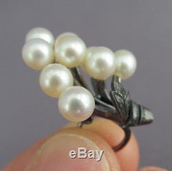 ANTIQUE VINTAGE STERLING CLUSTER MIKIMOTO AKOYA PEARL ETCHED LEAF EARRINGS 7.8g