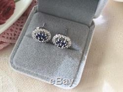 ANTIQUE VINTAGE STERLING SILVER EARRINGS BLUE and WHITE SAPPHIRES EAR RINGS