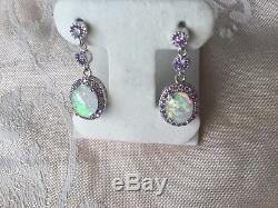 ANTIQUE VINTAGE STERLING SILVER OPAL EARRINGS EAR RINGS with OPALS and AMETHYSTS
