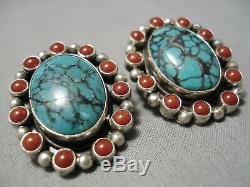 Amazing Vintage Navajo Domed Spiderweb Turquoise Coral Sterling Silver Earrings