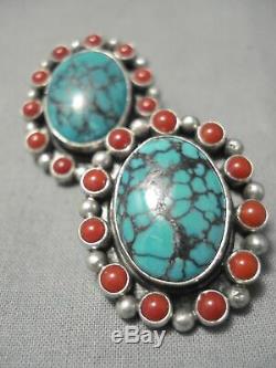 Amazing Vintage Navajo Domed Spiderweb Turquoise Coral Sterling Silver Earrings