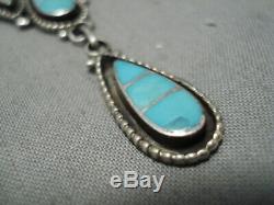 Amazing Vintage Zuni Blue Gem Turquoise Sterling Silver Earrings Necklace