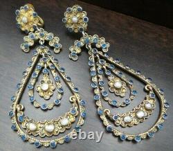 Antique 1850s European Gilt 835 Silver, Pearl & Gemstone Chandelier Earrings