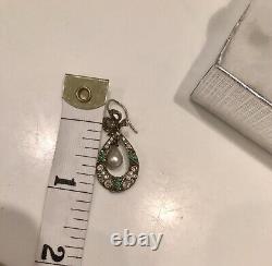 Antique 1925 Sterling Silver Earrings. Pearl with Clear / Green Crystals