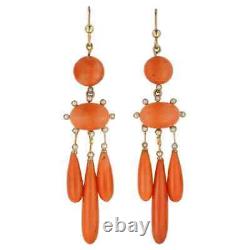 Antique 67 Ct Simulated Orange Coral Dangle Drop Earring 14k Yellow Gold Plated