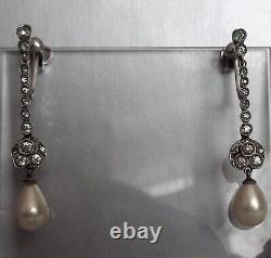 Antique ART DECO Sterling Silver Faux Pearl Paste Drop Dangle Screwback Earrings
