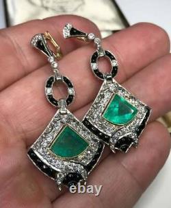 Antique Art Deco 9.52 CTW White CZ & Colombian Emerald 925 Silver Dangle Earring