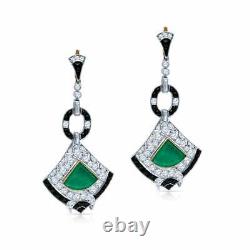 Antique Art Deco 9.52 CTW White CZ & Colombian Emerald 925 Silver Dangle Earring