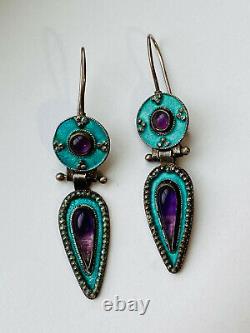 Antique Chinese Gilt Enamel Turquoise Amethyst Sterling Silver Dangle Earrings