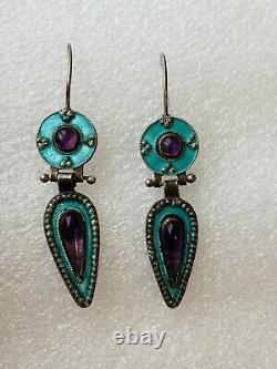 Antique Chinese Gilt Enamel Turquoise Amethyst Sterling Silver Dangle Earrings
