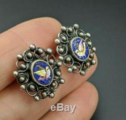 Antique Dove Bird Micro Mosaic Earrings in Sterling Silver, Italy