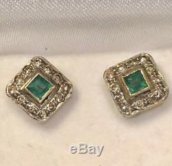 Antique Emerald Diamond Earrings Square Stud 18k Yellow Gold VTG Sterling