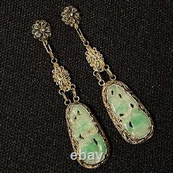 Antique Estate Sterling Silver Vermeil Carved Jade Dangle Earrings 2 5/8 Long