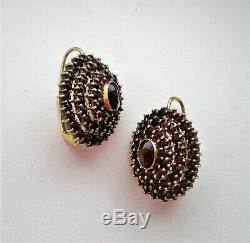 Antique Gilded Sterling Silver Czech Bohemian Rose Cut Garnet Cluster Earrings