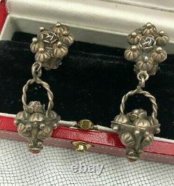 Antique Italian Coral Sterling Silver 800 Etruscan Dangle Flowers Clip Earrings
