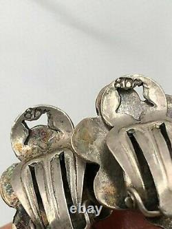 Antique Italian Coral Sterling Silver 800 Etruscan Dangle Flowers Clip Earrings