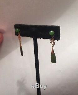 Antique Japan carved TRANSLUCENT GREEN jade jadeite & 925 TEAR-DROP earrings SET