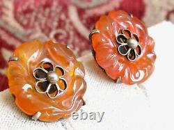 Antique Meiji Chinese Export Carved Carnelian Donut Disk Sterling 925 Earrings