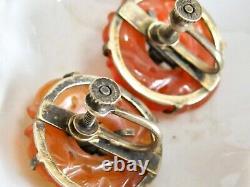 Antique Meiji Chinese Export Carved Carnelian Donut Disk Sterling 925 Earrings