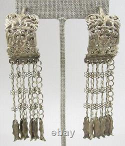 Antique Miao Tribal Chinese Repousse Sterling Silver Chandelier Earrings