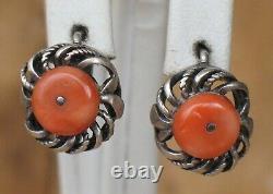 Antique Russian Sterling 875 Silver Ag Earrings USSR Stone Natural Red Coral vtg