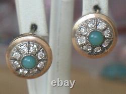 Antique Russian Sterling 925 Silver Earrings Vintage Stone Jade Chrysoprase Old