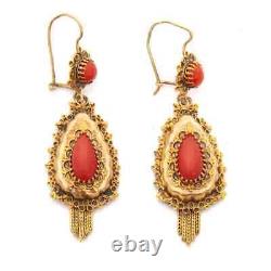 Antique Simulated pear Cut Orange coral 14k Yellow Gold Plated Dangle Earrings