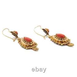 Antique Simulated pear Cut Orange coral 14k Yellow Gold Plated Dangle Earrings