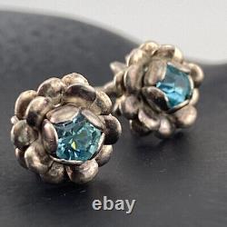 Antique Sterling Silver Screw Back Stud Earrings Carved Flowers Blue Stones VTG