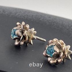 Antique Sterling Silver Screw Back Stud Earrings Carved Flowers Blue Stones VTG