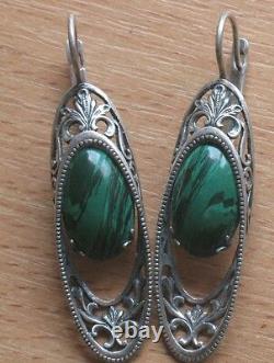 Antique Ukraine Sterling 925 Silver Ag Big Earrings Vintage Malachite Green Rare