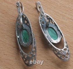 Antique Ukraine Sterling 925 Silver Ag Big Earrings Vintage Malachite Green Rare