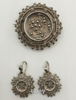 Antique Victorian Cut Steel & Sterling Silver Brooch & Pierced Earrings Set