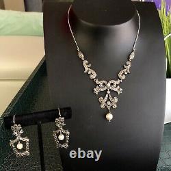 Antique Victorian Lavalier Necklace Earrings Sterling Silver 14K Marcasite Pearl