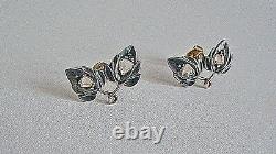 Antique Victorian Rose Cut Diamond Pierced Earrings 14k Yellow Gold & Sterling