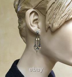 Antique Victorian Sterling, Enamel, Paste, Faux Pearl Grape Cluster Earrings