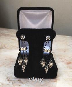 Antique Victorian Sterling, Enamel, Paste, Faux Pearl Grape Cluster Earrings