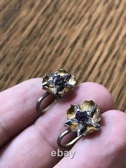 Antique Victorian sterling 9k gold diamond amethyst earring