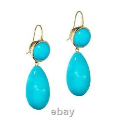 Antique Vintage 10mm Round Cabochon Turquoise Dangle Earring 14K Yellow Gold Fn