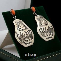 Antique Vintage 925 Sterling Silver Native Hopi Overlay Salmon Coral Earrings