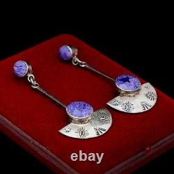 Antique Vintage 925 Sterling Silver Native Style TAXCO Charoite Earrings 14.6g