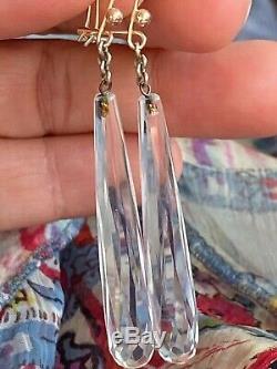 Antique, Vintage 9ct Gold Sterling Silver Rock Crystal earrings Drop 6.4cm x 7mm
