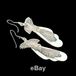 Antique Vintage Art Deco Mid Century Sterling Silver Chinese Carved MOP Earrings