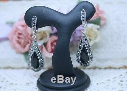 Antique Vintage Art Deco Onyx And Marcasite Sterling Silver Earrings Ear Rings