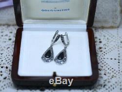 Antique Vintage Art Deco Onyx And Marcasite Sterling Silver Earrings Ear Rings